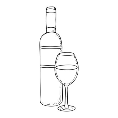 Çizgi şarap şişesi ve cam siyaha beyaz vektör çizimi. Yahudi bayramları için Kosher alkollü içeceği, Şabat Çocukları, Purim kutlaması ve Hamursuz Bayramı. El çizimi mürekkep çizimi.