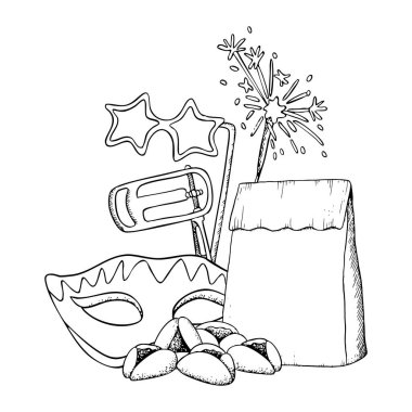 Purim Mishloah manotunuz, yemek sepetiniz ve hamantaschen kurabiyeleri, raashan, maskeler ve maytaplı siyah beyaz vektör çizimleriniz kutlu olsun. Çocuk boyama kitabı için kompozisyon olarak el çizimi.