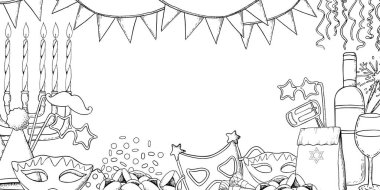 Yahudi Purim sembolleri yatay afiş şablonu ile fotokopi uzayı siyah ve beyaz vektör resimleme çerçevesini çizer. İsrail bayram menorası, Tevrat tomarı maske, raashan, boya kurabiyeleri..