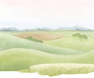 Yaz yeşili tepeler ve tarla manzarası suluboya izole bir resim. Kırsal panoramik doğa basit bir el çizimi tarzında kırsal ya da köyün bir parçası.
