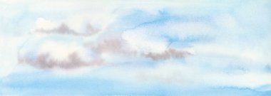 Bulutlu pastel mavi gökyüzü suluboya çizimi. Yaz sabahı hava durumu ve seyahat tasarımları için soyut sanatsal çizimler. Doğanın el çizimi arka planı.