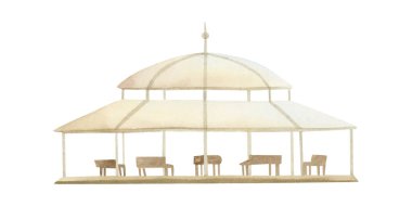 Plaj çardağı suluboya çizimi beyaza izole edilmiş. Minimalist yaz tatili tasarımları için sıraları ve sandalyeleri olan basit bir açık hava pergola..