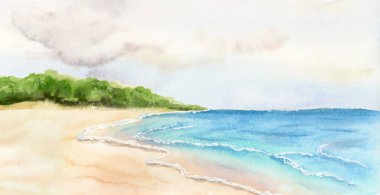 Bulutlu gökyüzü suluboya resimli tropik deniz plajı beyaza izole edilmiş. Florida yaz tatili için kum klip sanatı ile sakin okyanus kıyıları yeşil ağaçlar doğa ve deniz manzaralı tasarımlar.