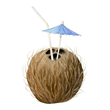 Saman ve mavi şemsiyeli hindistan cevizi kokteyli suluboya beyazı izole edilmiş. Tatil tasarımları ve kafe menüleri için tropik yaz içki klibi sanatı.