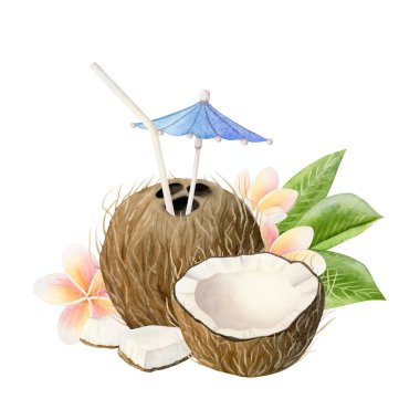 Yaz hindistan cevizi kokteyli ve tropikal çiçekli pipet ve beyaz üzerine izole edilmiş suluboya resim. Tatil tasarımları ve plaj kafe menüleri için dilimlenmiş meyve tokalı sağlıklı içecek..