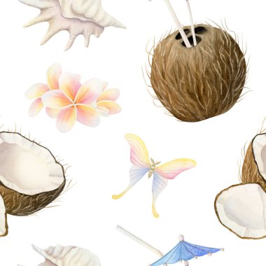 Hindistan cevizi kokteyli, tesisat çiçekleri, kelebekler ve deniz kabuklarıyla tropikal desenler. Beyaz üzerine suluboya tekrar arkaplan. Tatil tasarımları ve sahil kafesi için sağlıklı meyve suyu..