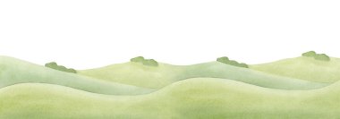 Kırsal yeşil tepeler, beyaza izole edilmiş suluboya çizimler. Yaz çiftliği tasarımları için minimalist kırsal alanlar. Yatay çayır panoramik kırpma ya da pankart şablonu.