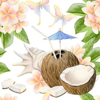 Hindistan cevizi kokteyli, tesisat çiçekleri, kelebekler ve deniz kabuklarıyla tropikal desenler. Beyaz üzerine suluboya tekrar arkaplan. Tatil tasarımları ve sahil kafesi için sağlıklı meyve suyu..