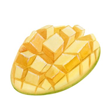 Beyaz üzerinde izole edilmiş mango suluboya resimlerini kes. Küplere dilimlenmiş olgun yaz meyveleri. Tropikal tasarımlar için yaz yemekleri klipsi sanatı.