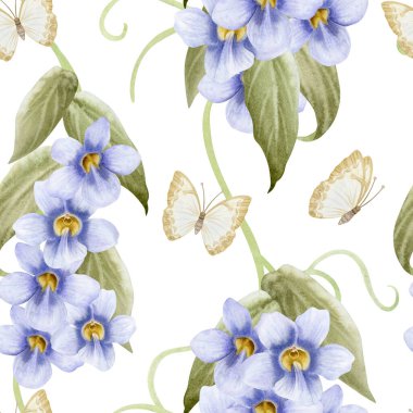 Pastel mor bağcık otu çiçekleri ve beyaz üzerinde pürüzsüz kelebekler. Thunbergia pastel menekşe bitkisinin el kaplaması. Bahçe doğasının klasik botanik çiçek sanatı.