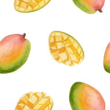 Beyaz üzerine sade mango meyveleri sulu boya deseni. Renkli yaz tropikal arka planında olgun yaz yemekleri bir bütün ve küp şeklinde dilimlenmiş..