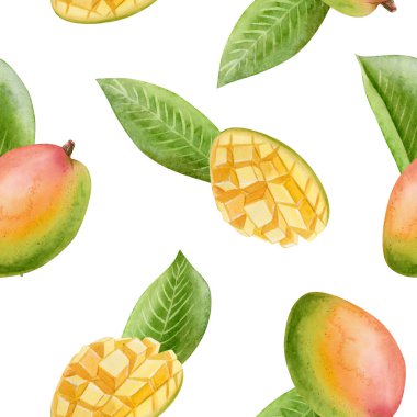 Beyaz yapraklı suluboya mango meyveleri. Olgun yiyeceklerle dolu ve küp şeklinde dilimlenmiş renkli bir tropikal arka plan. Canlı ve lezzetli arka plan tekrarlanıyor.