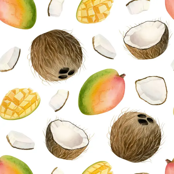 Mango hindistancevizi, sulu boya desenli, gerçekçi ve dilimlenmiş meyve ve meyvelerle bembeyaz renklidir. Tropikal doğa tasarımları ve ürünleri için elle çizilmiş arka plan. Lezzetli yaz yemekleri..