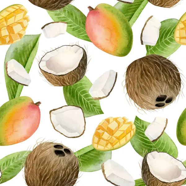 Suluboya hindistan cevizi ve yeşil yapraklı mango meyveleri. Olgun yiyeceklerle dolu ve küp şeklinde dilimlenmiş renkli bir tropikal arka plan. Lezzetli tekrar arkaplan.