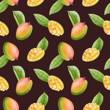 Koyu kahverengi üzerinde yeşil yapraklı olgun mango meyveleri. Doğal gıdalarla dolu ve küp şeklinde dilimlenmiş renkli bir tropikal arka plan. Canlı ve lezzetli arka plan tekrarlanıyor.