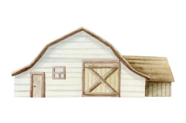 Ahşap ahır suluboya çizimi beyaza izole edilmiş. Elle çizilmiş çiftlik evi klipsi sonbahar çiftliği ve köy tasarımları için sıcak kahverengi renkte..