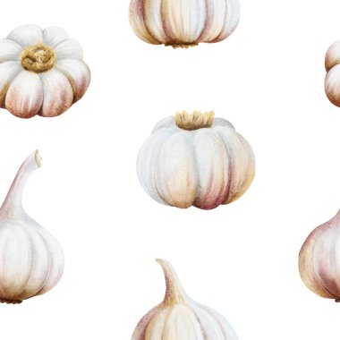 Suluboya sarımsak soğanları beyazın üzerinde pürüzsüz desen oluşturuyor. Yerel market baharatları ve mutfak tasarımları için gri pembe renklerle elle çizilmiş gerçekçi ham sebze arka planı. Basit yemek arkaplanı.