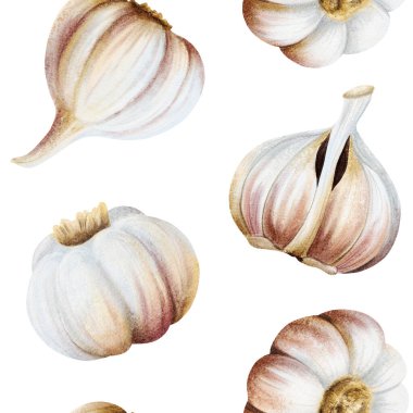 Sarımsak soğanları beyazın üzerinde dikişsiz desen oluşturuyor. Yerel market baharatları ve İtalyan mutfak tasarımları için bej renkli el yapımı gerçekçi çiğ sebze arka planı. Basit yemek arkaplanı.