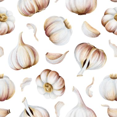 Beyaz soğan ve karanfil desenli sarımsaklı sarımsaklı sulu boya deseni. Yerel pazar baharatları ve İtalyan mutfak tasarımları için pastel bej renklerinde gerçekçi ham sebze arka planı.
