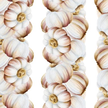 Suluboya sarımsaklı ampuller beyazın üzerinde pürüzsüz desen oluşturuyor. El yapımı gerçekçi İtalyan sebzeleri baharat tarifleri, geleneksel tıp ve yemek pişirme tasarımları için arka planı tekrarlıyorlar..