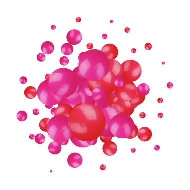 Beyaz arka planda pembe ve kırmızı kabarcıklar uçuşuyor. 3d illüstrasyon