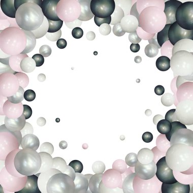 Gökkuşağının renklerine ve vitaminlere göre düzenlenmiş gerçekçi renkli toplarla pankart. Soyut arkaplan. Vektör illüstrasyonu.