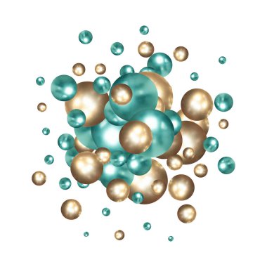 Minimal Stili Kozmetik Ürün Standı sunumu 3D sunumunda bir inci top foat. Altın ve mavi toplar.