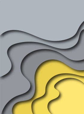 Kağıttan kesilmiş figürlerle üç boyutlu soyut arkaplan. İş sunumları, el ilanları, posterler ve davetiyeler için vektör tasarımı. Renkli oyma - sarı ve gri.