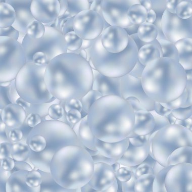 Farklı boylarda mavi inciler üst taraftaki beyaz arka plana saçılmış. Modern, güzel arka plan. 3B illüstrasyon, 3B canlandırma.