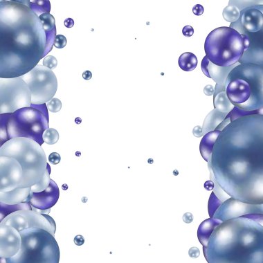 Üç boyutlu baloncuklar. Mavi toplar. Cam yumuşak arkaplan geometrik şekilleri. Balon dekoru. Yüzen küreler grubu. Pürüzsüz inci bileşimi. Sanat eseri. Vektör soyut arkaplanı.
