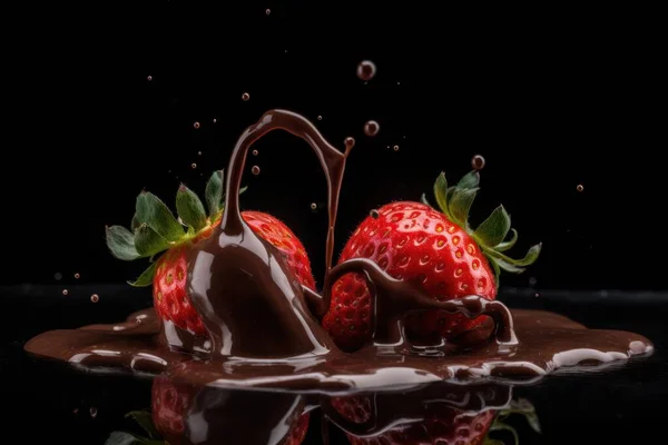 チョコレートに落ちたイチゴは スプラッシュ 新鮮なおいしい果物を作ります 高品質の写真 ロイヤリティフリーのストック画像