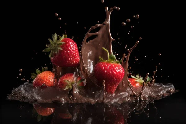 チョコレートに落ちたイチゴは スプラッシュ 新鮮なおいしい果物を作ります 高品質の写真 ストック写真