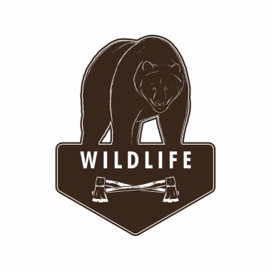 Ayı ve balta resimli vahşi yaşam logosu kavramı