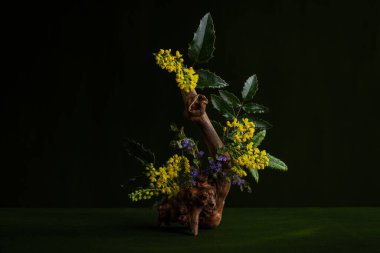 Mahnia aquiflium narin çiçek aranjmanı Bir ağacın kökünde sarı ve mavi kır çiçekleri