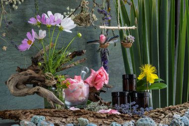 Cosmetics from medicinal plants. Crystal medical mortar with a pestle. Production of natural cosmetics. Phyto laboratory. Rose.