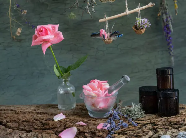 Crystal medical mortar with a pestle. Production of natural cosmetics. Phyto laboratory. Rose.