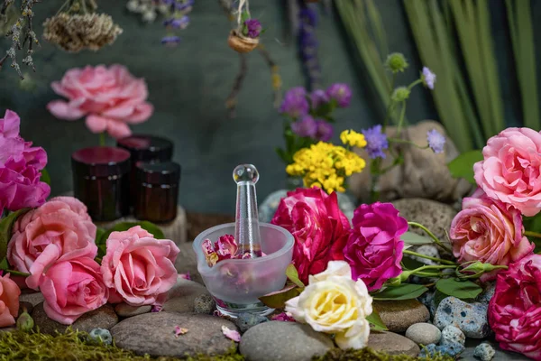 stock image Still life of wild flowers. Cosmetic phyto products. Herbal medicine. Making an ointment. Laboratory glassware. Medicinal plants. Wildflowers. Flower cosmetics. Pharmacology. Lthyrus pratnsisLthy