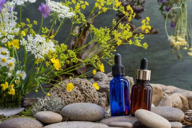 Ekolojik buket, mavi pipet şişesi, kahverengi pipet şişesi, farmakolojik havan, yabani çiçekler, buket, kuş tüyü, nehir taşları, durgun hayat.