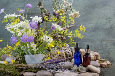 Ekolojik buket, mavi pipet şişesi, kahverengi pipet şişesi, farmakolojik havan, yabani çiçekler, buket, kuş tüyü, nehir taşları, durgun hayat.