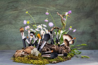 Durgun hayat. Çayır çiçekleri. Dalgalanan odun, yosun, tawa, liken. Makro.