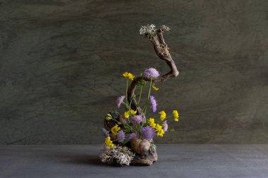 Kökleri, yosunları, yosunları, yosunları, doğal bitkileri kullanarak yabani çiçeklerin narin, tatlı, minyatür bileşimi.