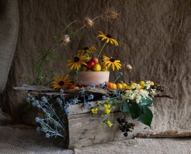 Kirazlı erik meyvesi ve kuş tüyü kullanan kır çiçeklerinin bileşimi. natüralist stil.