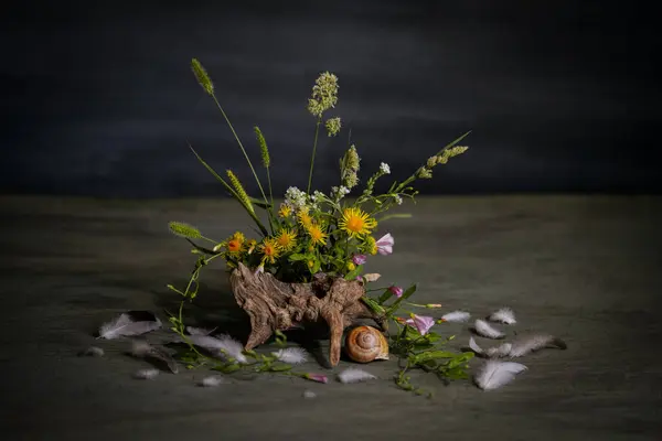 kompozisyon, ikebana, yaz çiçekleri, ağaç kökleri, salyangoz kabuğu, kuş tüyü, çim çivileri.