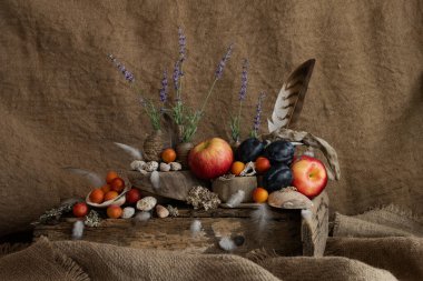 Tasarım, kompozisyon, ikebana, yaz çiçekleri, güvertenin kalıntıları, erikler, erikler, elmalar, lavanta çiçekleri, deniz kabukları, deniz ürünleri.