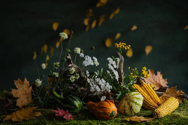 natürmort, nefis, orijinal, tasarım, çiçek aranjmanı, ikebana, altın sonbahar meyveleri, yabani çiçekler, ağaç kökleri, fındık, balkabağı, mısır.