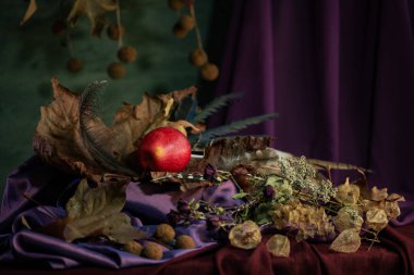 Durgun hayat. Geçmişi. kompozisyon. Masaüstü ekran koruyucu. Meyveli bir çınar dalı tasarla. Kumaş örtüsü. Kurumuş meyveler. Kırmızı elma.