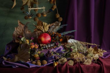 Durgun hayat. Geçmişi. kompozisyon. Masaüstü ekran koruyucu. Meyveli bir çınar dalı tasarla. Kumaş örtüsü. Kurumuş meyveler. Kırmızı elma.