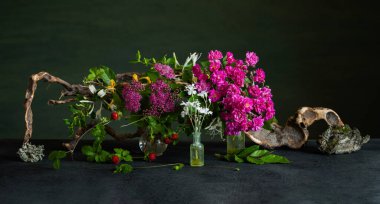 Yumuşak pembe spiraea, cinquefoil ve aksanlı kokulu hanımeli içeren doğal çiçek düzenlemeleri. Romantik, organik bir kompozisyon mevsimsel, botanik veya eko-temalı görseller için mükemmeldir..