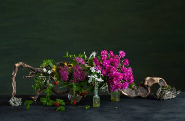 Yumuşak pembe spiraea, cinquefoil ve aksanlı kokulu hanımeli içeren doğal çiçek düzenlemeleri. Romantik, organik bir kompozisyon mevsimsel, botanik veya eko-temalı görseller için mükemmeldir..