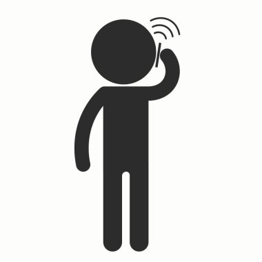 Siyah çubuk figürünün izole vektör çizimi telefon görüşmesi yapar, telefon etmek için cep telefonunu kulaktan kulağa tutar, kablosuz veya cep telefonu sinyali ile birini arar.